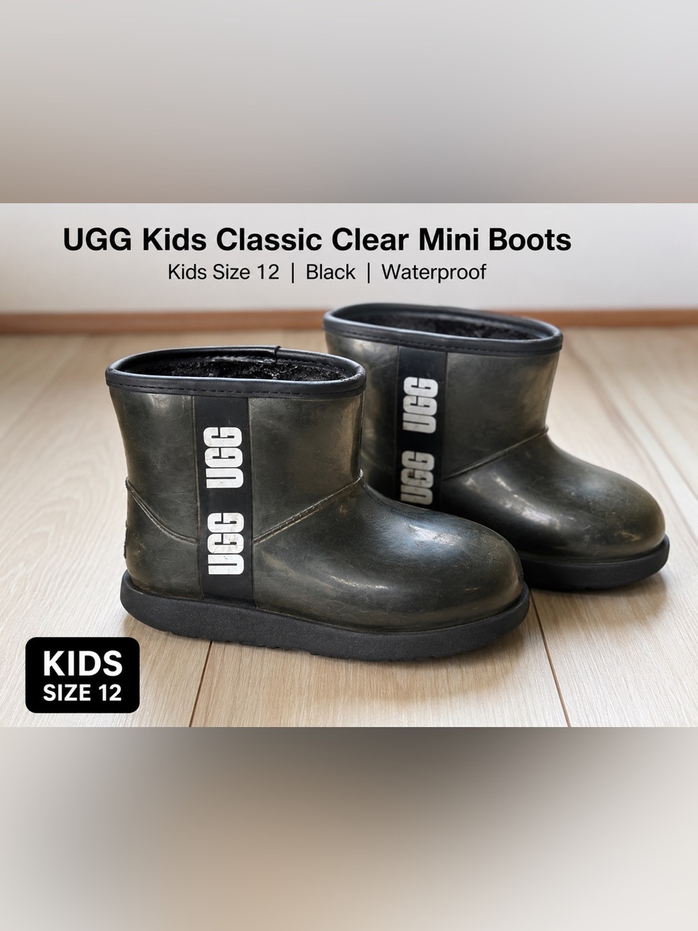 UGG Kids Classic Clear Mini Rain Boots Black Waterproof Rubber Boots  Size 12